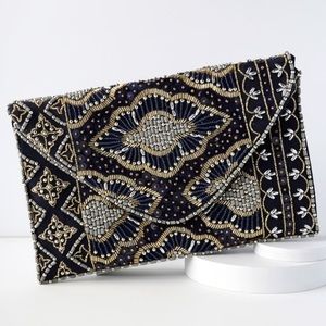 Lulu’s Etched in Stone Navy Blue Beaded Clutch